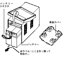 バッテリーのコネクタを抜き、白いラベルを持ってバッテリーを取り出します。